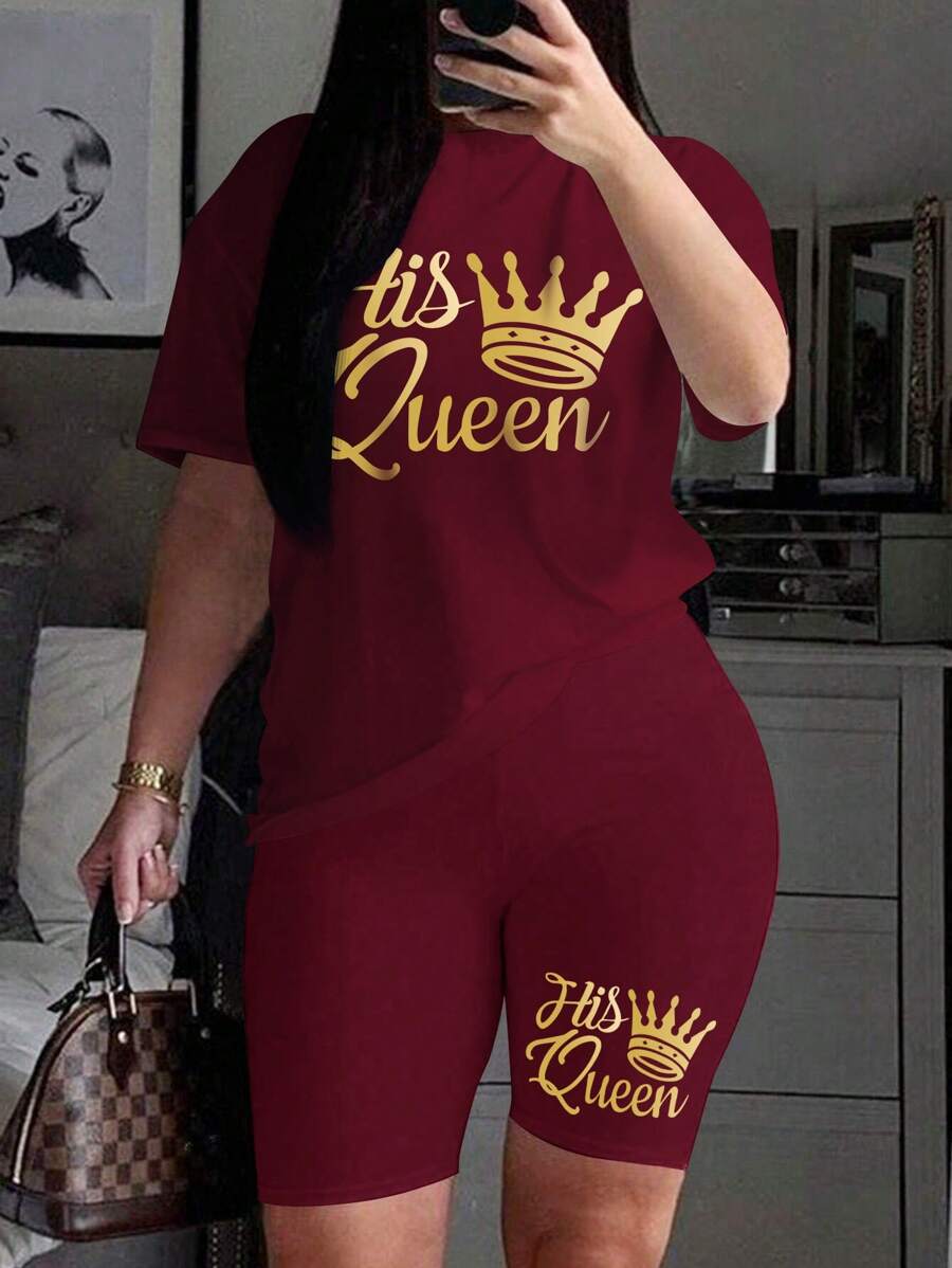 Fashionable Short Sleeve T-Shirt And Shorts Set Casual Summer - Burgundy - View 1