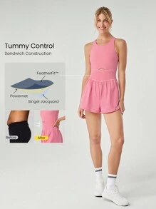 GLOWMODE Bộ đồ thể thao tập yoga hiệu suất 2 trong 1 không tay FeatherFit™ 2,5" viền cá heo cho phòng tập yoga mùa hè - Hồng - Xem 2