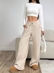 SHEIN EZwear Women's Apricot Color Cordury  Wide Leg Pants,Autume / Winter - Khaki - View 3