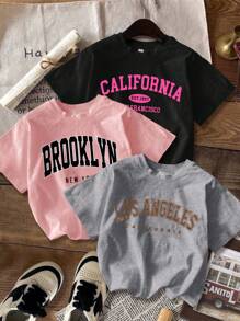 SHEIN EZwear Áo thun crop top tay ngắn cổ tròn họa tiết tên địa danh tối giản cổ điển CALIFORNIA, phù hợp cho mùa hè - Nhiều màu - Xem 9