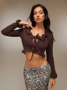 SHEIN Unity Áo len cardigan dệt kim cắt ngắn phía trước viền bèo nhún cho nữ dài tay màu cà phê quần áo mùa đông - màu nâu - Xem 1