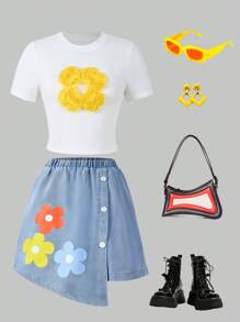 Teen Girl White Floral Applique Round Neck Short Sleeve T-Shirt Denim Skirt Two Pieces Set - Multicolor - View 1