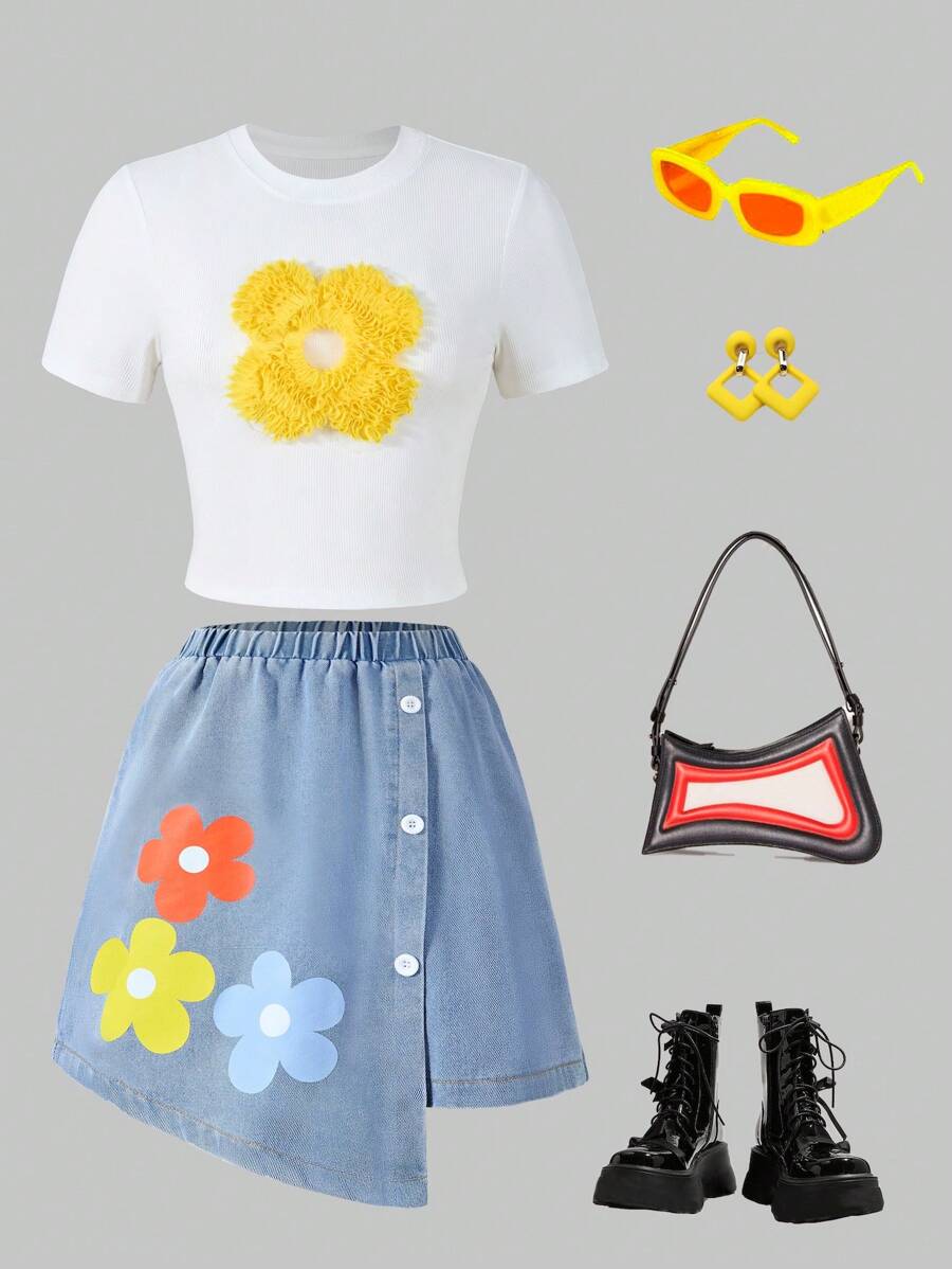 Teen Girl White Floral Applique Round Neck Short Sleeve T-Shirt Denim Skirt Two Pieces Set - Multicolor - View 1
