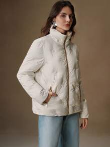 Anewsta Women Short Beige Stand Collar Long Sleeve Embroidered Sequin Jacket