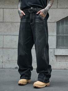 GALLERY FADE 男士宽松阔腿休闲牛仔裤，带口袋，纯色深色牛仔裤，长款宽松纯黑色洗水工装牛仔裤，适合丈夫、男朋友的礼物 - 黑色 - 查看 3
