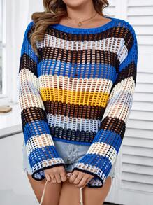 Calvaya Plus Size Women's Autumn/Winter Hollow Striped Crewneck Long Sleeve Sweater Knit Pullover Fall Outfit