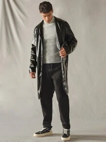 Manfinity VCAY 男士休闲宽松PU皮革风衣，长袖，秋冬装 - 黑色 - 查看 6