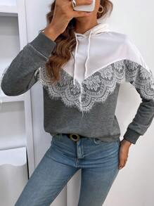 SHEIN LUNE 撞色蕾丝拼接休闲连帽套头衫（秋季款） - 灰色 - 查看 1