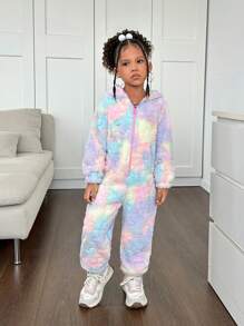 SHEIN 年轻女孩扎染针织毛绒连帽休闲连体裤
