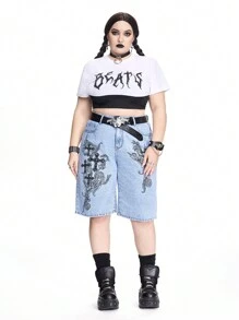 ROMWE Grunge Punk 大码简约印花休闲短裤 - 淺色水洗藍 - 查看 2