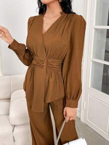 Modelyn 2pcs Women's Solid Color Button Front Blouse & Pants Casual Set 2 Pieces Set