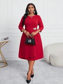 SHEIN Lady 新款优雅复古喇叭袖披肩 A 字裙、圣诞派对晚礼服，适合婚礼宾客、伴娘、秋冬季 - 紅色 - 查看 6