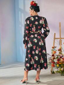 Frida Kahlo X SHEIN Plus Size Elegant Sexy Basic Black Floral & Figure Graphic Artistic Polka Dot Print Blouse & Split Midi Skirt 2-Piece Set, Autumn/Winter