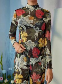 Frida Kahlo X SHEIN X Designer ISELACOS Mock Neck Tropical Printed Sheer Mesh Top With Lettuce Hem, Holiday, Thanksgiving, Spring & Summer, Going Out, Festival