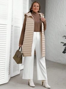 EMERY ROSE Plus Size Women's Winter Women Coat Solid Color Simple Daily Hooded Sleeveless Padded Coat - Black - View 5