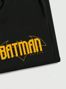 ROMWE MEN Batman X ROMWE 男士休闲动漫英雄人物与字母印花落肩抽绳连帽衫和短裤运动服套装 - 黑色 - 查看 8