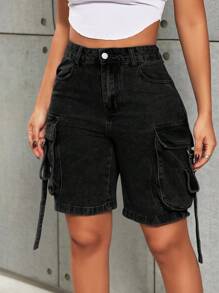 复古翻盖口袋带细节工装百慕大直筒牛仔裤/牛仔短裤