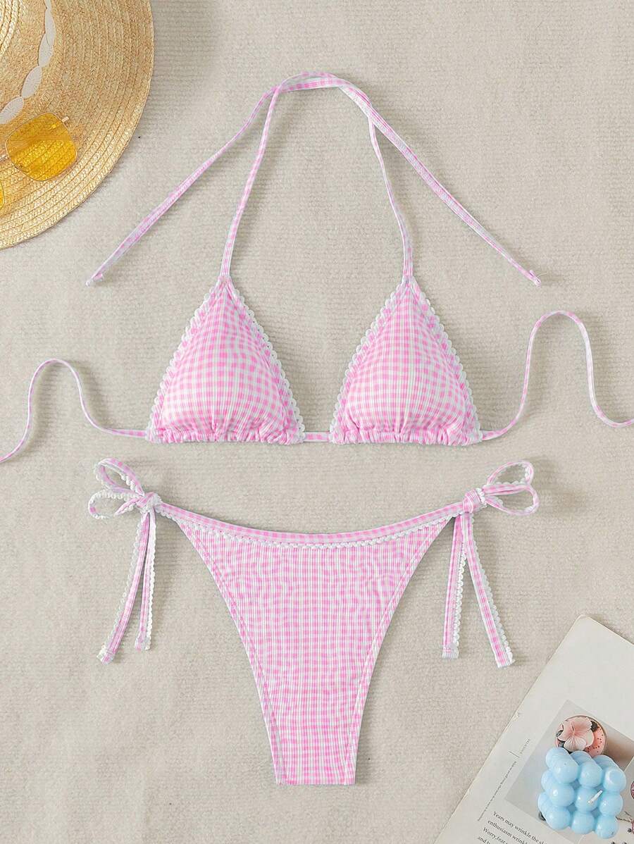 Swim Mod Halter Tied Back Plaid Bikini Top And Bottom Set, Casual Holiday Wear Summer - Pink - View 1