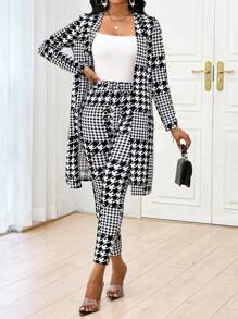 SHEIN Lady 2 件套女士全身印花长袖夹克和抽绳裤优雅套装