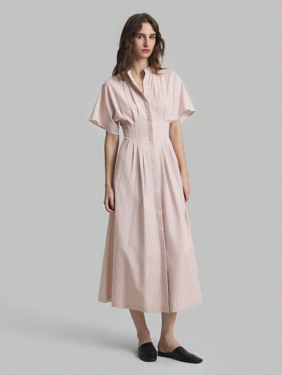 Ontre 2025新款女式纯色前扣短袖A字长裙，休闲度假夏秋浅粉色商务休闲女装，沙滩生日派对装，教师制服，办公室休闲装 - 棕色 - 查看 1