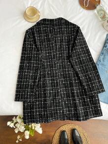 SHEIN Privé 大码女式仿珍珠纽扣装饰长袖夹克 - 黑與白 - 查看 8