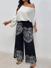 SHEIN Privé Plus Size Summer Casual/Work Commuting Chic Plain Cold Shoulder Jumpsuit For Women With Graphic Print - White - View 3