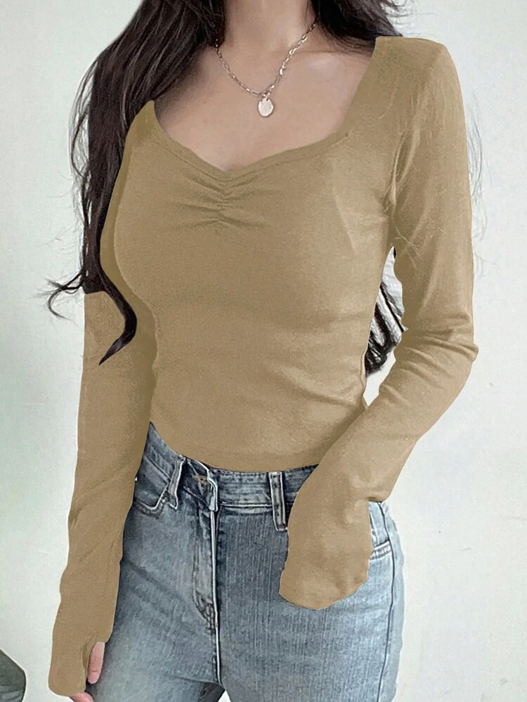 Ladies' Plain Sweetheart Collar Long Sleeve Simple T-Shirt, Casual Everyday Wear,Fall Clothes Preppy Tops