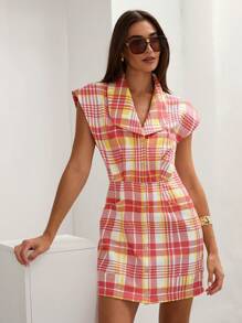 COSMINA Vestido informal mini con bolsillo y cuello a cuadros para mujer, uso diario - Multicolor - Ver 5