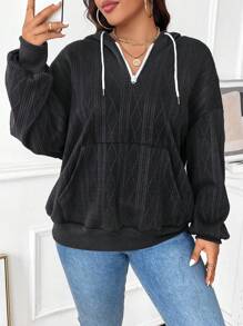 Calvaya Áo nỉ chui đầu dáng rộng, phối màu tương phản, khóa kéo nửa thân, chất liệu dệt kim, dành cho mùa thu. - Màu xám đen - Xem 5