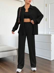 SHEIN EZwear Quần áo mùa xuânÁo sơ mi cài nút phía trước & Áo ống & Quần - màu đen - Xem 7