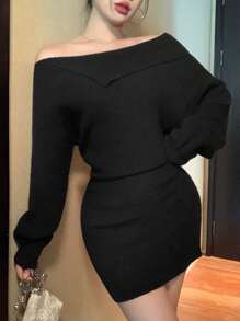 DAZY 女式修身不对称领口设计短款毛衣裙，新年除夕露肩秋冬舞会礼服 - 黑色 - 查看 4