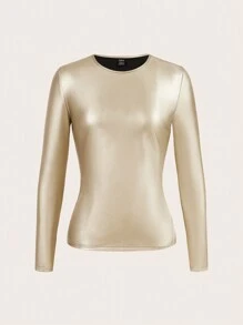 SHEIN LUNE Dames effen elastisch gecoat slim fit T-shirt