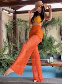 INAWLY Women's Solid Color Hollow-Out Loose Sheer Sweater Pants Set - Orange - View 3