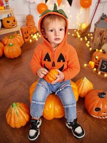 SHEIN Playful Pals Chaqueta con capucha de forro polar con bordado de calabaza para bebé niño, apropiada para Halloween, Acción de Gracias o fiestas - Naranja - Ver 3