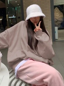 DAZY 秋冬女士宽松圆领纯色保暖内衬运动衫 - 卡其色 - 查看 5