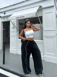 Vibekara Plus Size Women Elastic Waist Drawstring Cargo Pants With Hem Embellishment Fall Cloth For Women - Black - View 3