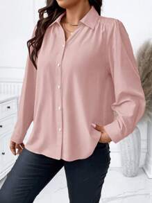 SHEIN Elenzya Camisa casual de manga larga de un solo color con botones frontales para tallas grandes - Rosa - Ver 7