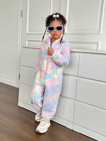SHEIN Young Girl Tie-Dye Knitted Plush Hooded Casual Jumpsuit