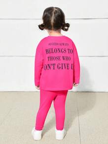 SHEIN Babygirl 可爱针织字母图案长袖上衣和松紧腰裤套装 - 西瓜粉 - 查看 2