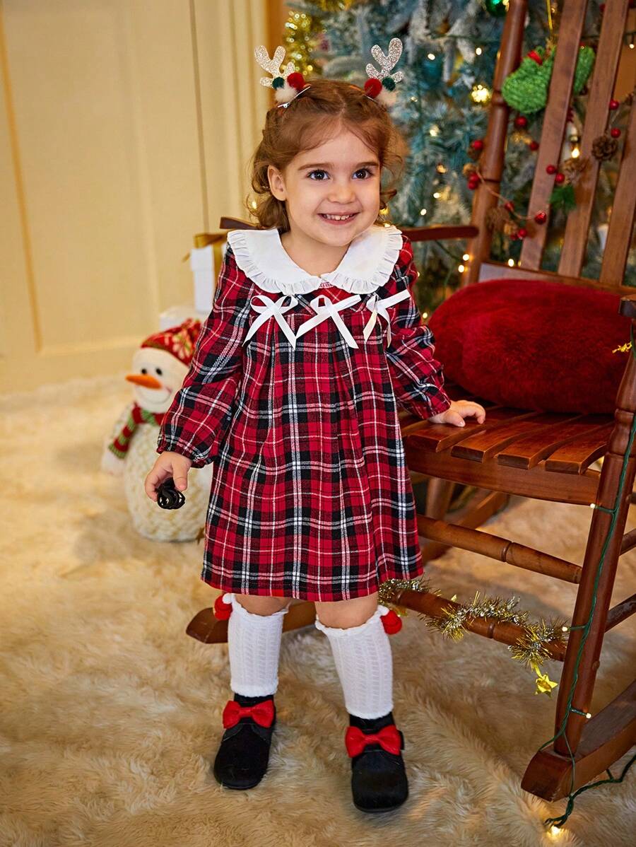 Baby Girls Cute Plaid Ruffle Collar Christmas Dress Clothes, For Spring & Autumn - Red - View 1