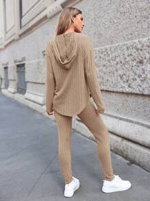 SHEIN Essnce 2 件套女式连帽衫上衣和裤子套装，米色女装 - 卡其色 - 查看 2