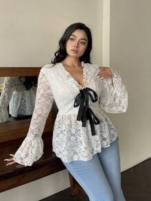 SHEIN Unity Áo len cardigan họa tiết thường ngày cổ chữ V dài tay loe có nơ trang trí cỡ lớn - trắng - Xem 7