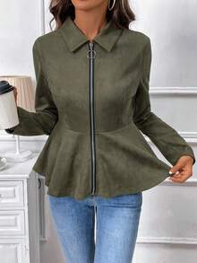 SHEIN LUNE 女士纯色简约日常拉链长袖夹克 - 軍綠色 - 查看 6