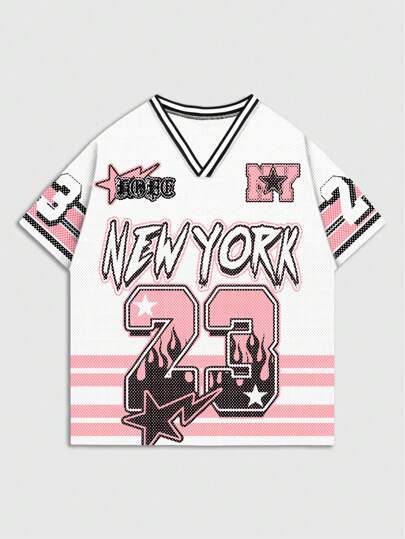 Street Life Men's Contrast Color Splice V-Neck Short Sleeve Letter Print Casual Football Jersey Style T-Shirt