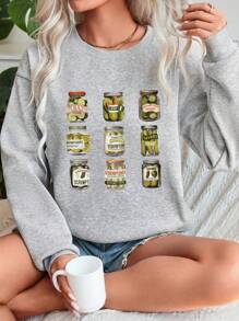 SHEIN LUNE 女士休闲简约泡菜印花超大圆领运动衫，秋冬，长袖上衣 - 淺灰色 - 查看 1