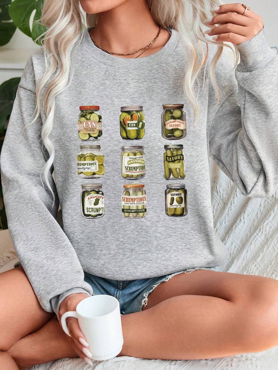 SHEIN LUNE 女士休闲简约泡菜印花超大圆领运动衫，秋冬，长袖上衣 - 淺灰色 - 查看 1