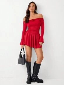 SHEIN Unity 女士露肩长袖碎花褶皱优雅连衣裙 - 紅色 - 查看 7