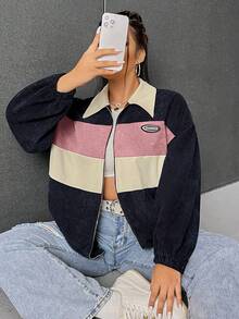SHEIN EZwear 大码休闲拼色拼接夹克，秋季 - 粉色 - 查看 5