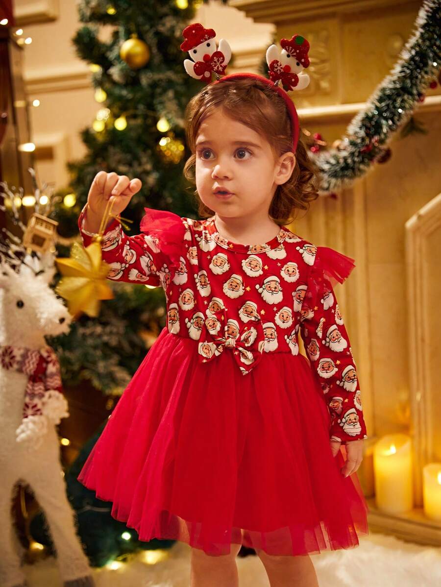 Christmas Baby Girl Doll Dress,Red And White Santa Claus Print Mesh Ruffle Bow Long Sleeve Cute Autumn Birthday Holiday Clothes For Spring Winter - Multicolor - View 1