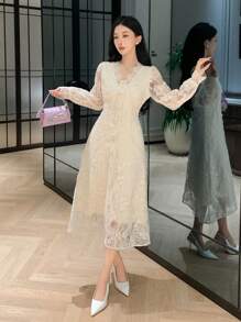 DAZY 女士优雅婚礼宾客蕾丝 V 领连衣裙，春季、秋季服装长袖连衣裙 - 米色 - 查看 4